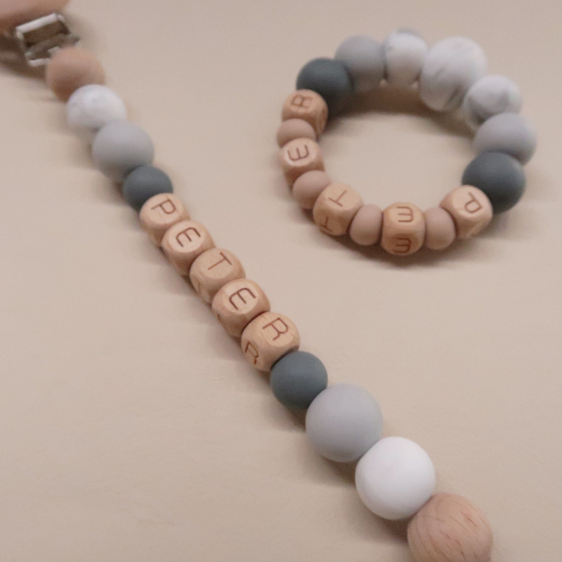 "Emma" Personalised Dummy Clip & Teether Set Teether Zao & Co Grey/ marble tones 